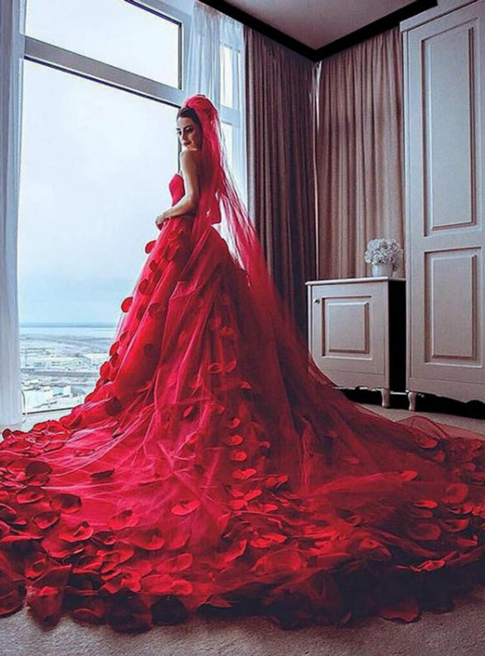 Red Wedding Dress Handmade Flowers Wedding Dress Soft Tulle
